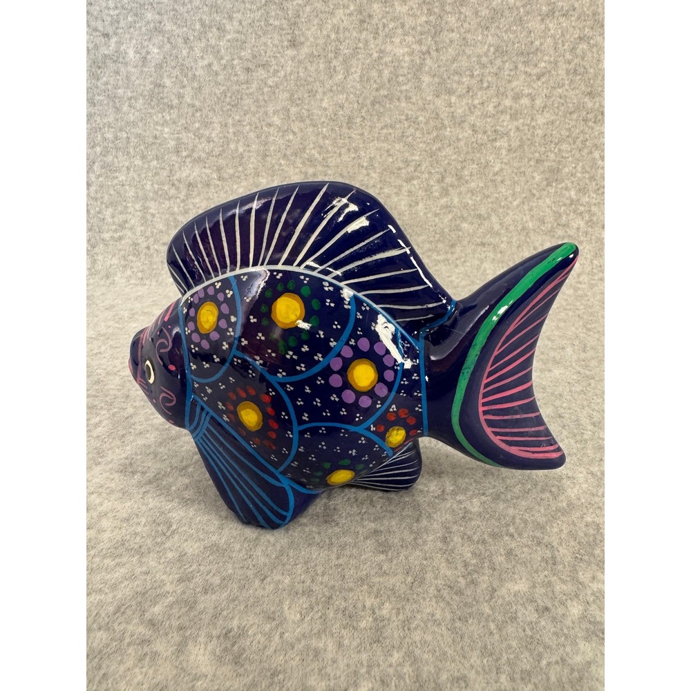 Mexican Pottery Fish Sculpture Hand Painted Terra Cotta Folk Art Cobalt Blue - Picture 3 of 8